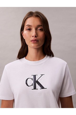Calvin Klein Kısa Kollu Payetli Ck Grafikli Kadın Beyaz T-shirt Lv044e215g-yaa Beyaz