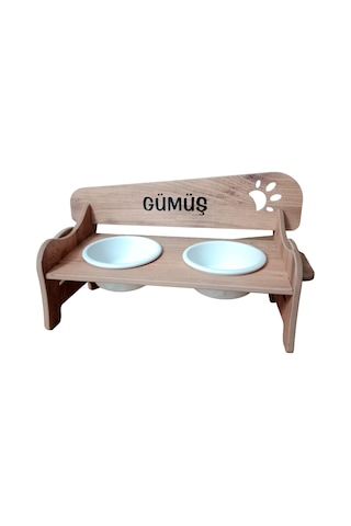 Realwood Özel İsimli Seramik Kaseli Ahşap Kedi Köpek Mama Su Kabı Stant