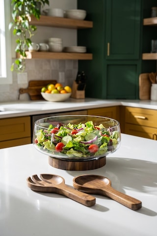 Bosco Akasya Salata Servis Kasesi & Çatal Kaşık - 4300 Ml Şeffaf