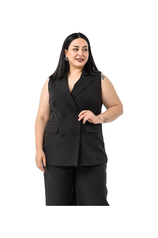 Büyük Beden Kaplama Düğmeli Yelek Pantolon Siyah İkili Takım Siyah