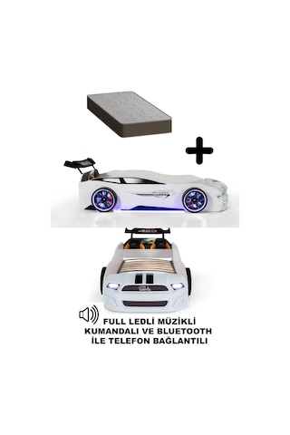 Beyaz Arabalı Yatak Mst Full Ledli Kumandalı + Ortopedik Yatak 90x190 Cm