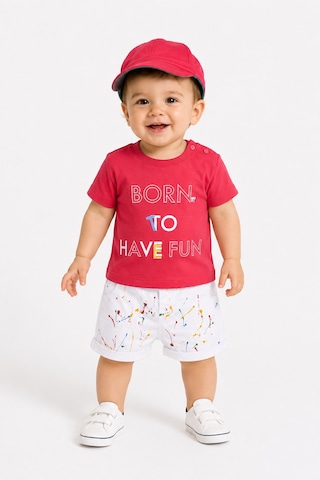 Babyhola %100 Pamuk Erkek Bebek Kapri Tişört Şapka Takım 5467 Kırmızı