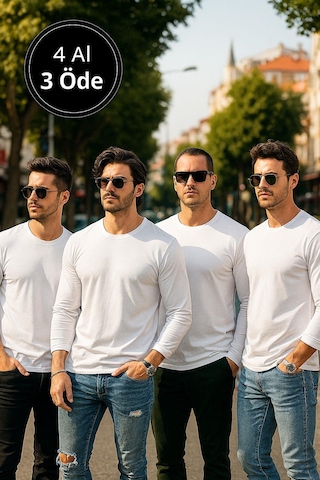 Rich Erkek Beyaz 4'lü Paket Basic Uzun Kollu Tişört Sporcu Body T-shirt Beyaz