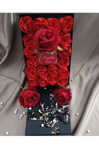 İnci Mode Hoşgeldin Bebek 18+1 Çiçekli Kutu Hediyelik Çiçek Kutusu Siyah Hastaneye Hediye Doğum Hedi