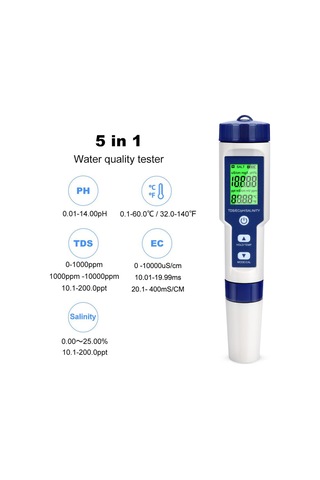 Cuteefun Dijital Ph Ölçüm Cihazı, 5'i 1 Arada Su Test Cihazı,