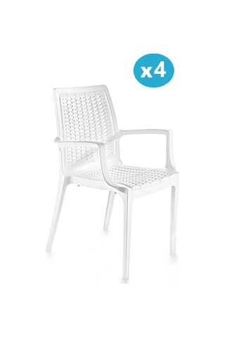 Omnipazar Sy-2524 Örgü Desenli Rattan Bahçe Koltuk Sandalye 4'lü Set Beyaz Beyaz