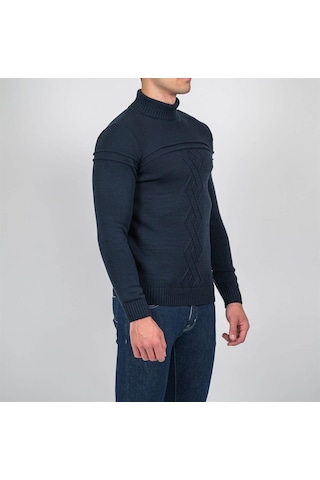 Erkek Tam Boğazlı Örgü Desenli Slim Fit Kazak Ncs Jeans 3659-Lacivert
