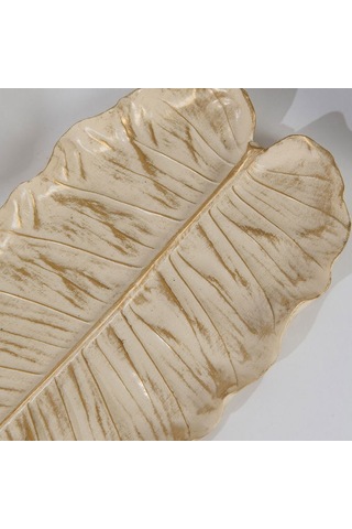 Evidea Deco Leaf Dekoratif Tabak - Beyaz / Gold - 37x16 Cm