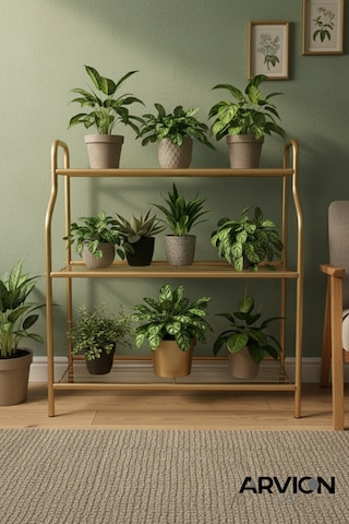 Modern Gold 3 Katlı Metal Mutfak Ve Dekoratif Saksılık Çiçeklik Dayanıklı Raflı Stand-organizer Gold