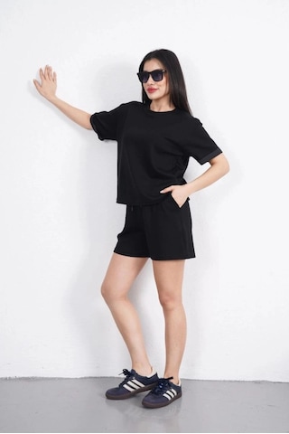 Freedom Store Osy Modal Yumuşak Dokulu Kumaş Kadın Bisiklet Yaka T-shirt Kısa Şort İkili Takım - Siyah