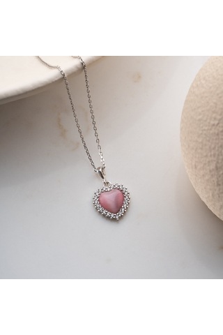 925 Ayar Gümüş Taşlı Bombeli Kedi Pembe Gözü Kalp Kolye Gümüş