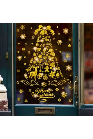 Ruicoo Noel Ağacı Desenli Parlak Elektrostatik Cam Sticker 30x37 Cm - Glitterli, Yapıştırıcısız, Noel Dekorasyonu Altın