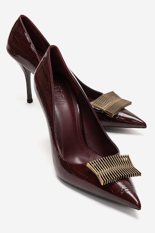 Luvishoes Dexen Bordo Baskı Metal Tokalı Kadın İnce Topuklu Ayakkabı