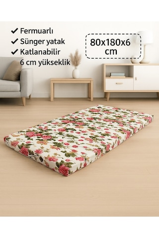 Sünger Yatak 80x180x6 Cm, Yer Yatağı, Balkon Yer Minderi,şantiye,karavan,deprem Yatağı-ingiliz Gülü