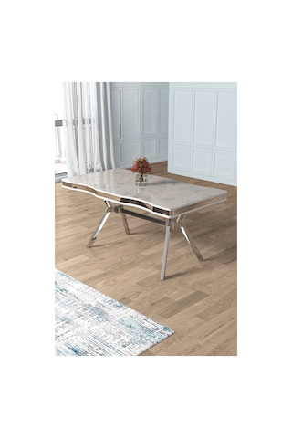 Canisa Vae Serisi 90x160 Lak Panel Beyaz Mermer Desen Krom Ayak Masa Takımı 6 Cappucino Sandalye Beyaz Mermer Desen Masa Sandalyeler Cappucino