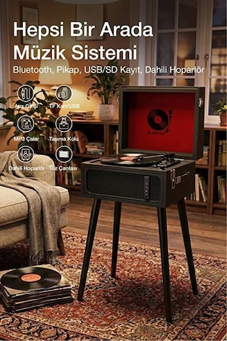 Bluetooth Nostaljik Ayaklı Pikap Plak Çalar Taşınabilir Çanta Tasarım, Usb & Aux Destekli Siyah
