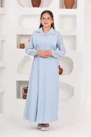 Kız Çocuk Uzun Boy Gofre Kumaş Jile & Elbise İki Parça Takım Astarlı Zarif Set-4948 Bebe Mavi