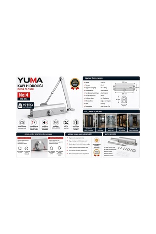 Yuma Ym-714 No:4 Hidrolik Kapı Kapatıcı 60-85 Kg Ayarlanabilir Sessiz Kapı Hidroliği Ağır Hizmet Tipi 1 Adet Kapı Hidroliği