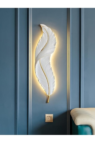 CajuArt Büyük Boy Dekoratif Tüy Şekilli Pilli Işıklı Duvar Dekoru Modern Aplik