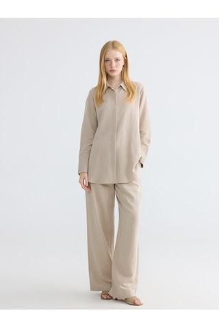 Lcw Modest Bej Oversize Keten Karışımlı Kadın Gömlek Tunik
