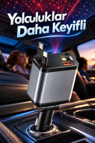 120w Araç Şarj Cihazı 4 Çıkışlı 100w Type-c Hızlı Şarj Geri Çekilebilir Kablolu Yıldız Tavan Işıklı Dex-51