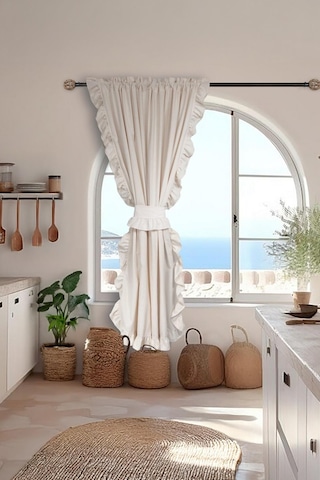 Fırfırlı Keten Perde Tek Kanat Romantik Volanlı Bağlamalı Krem