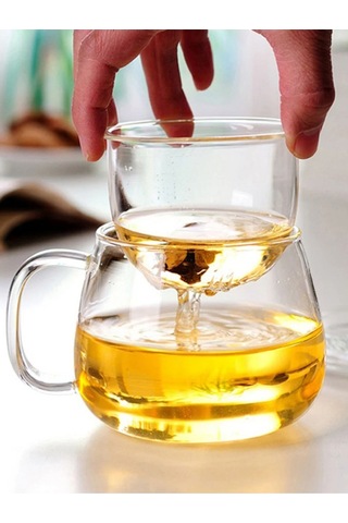 Qerhome Borosilikat Cam Süzgeçli Bambu Kapaklı Kupa 350 Ml Şeffaf