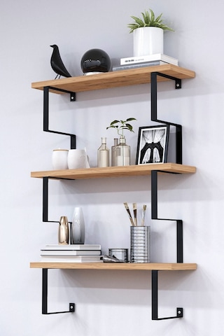 Metal Ayaklı Duvar Rafı, 3 Katlı Duvar Rafı, Kitaplık, Saksılık, Banyo, Mutfak, Salon, 60 70 15 Cm Atlantik Çam