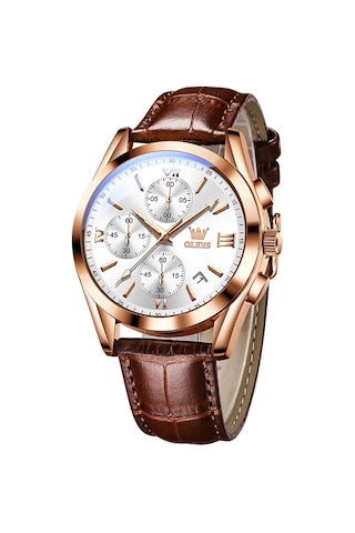 Olevs 2872 Erkekler Üç Göz Altı İğne Kronograf Su Geçirmez Kuvars Saat Beyaz + Gül Altın