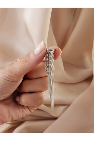 Eva Takı Store Kristal Taşlı Zincir Sallantılı Deliksiz Kıkırdak Silver Renkli Küpe Gümüş