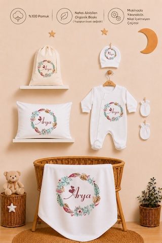 Pia Baby Kız Bebek Hastane Çıkışı 12 Parça %100 Pamuk İsme Özel Organik Baskılı Kese Hediyeli 101711k0x Ekru