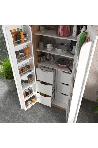 90 Derece Açılabilir 2 Kapaklı, 6 Çekmeceli, Kavanoz Raflı Kiler Ve Erzak Mutfak Dolabı Atlantik Çam Beyaz