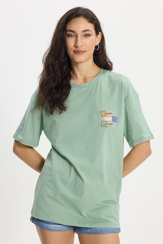 Tudors Kadın Oversize Geniş Kesim Pamuk Bisiklet Yaka Baskılı Yeşil Tişört -50387 L