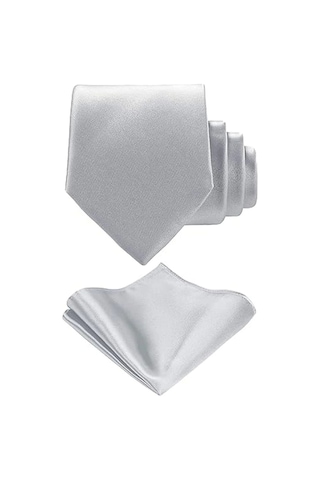 Tezzgelsin Erkek Saten Kravat Mendil Ve Silver Çelik Kravat İğne Set Gümüş