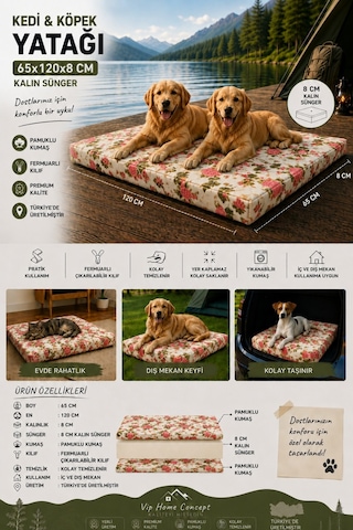 Xl Büyük Irk Köpek Yatağı Süngerli Fermuarlı Yıkanabilir Kılıflı Köpek Minderi 65x120x8 Cm-ingiliz Gülü