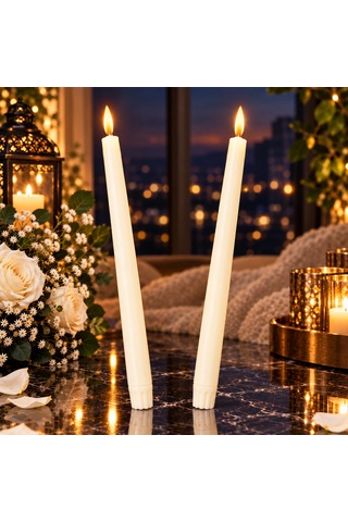 2 Adet Krem Renk Led Işıklı Uzun Şamdan Mumu Gün Işığı Led Işıklı Şamdan Mumu Led Işıklı Mum 27 Cm