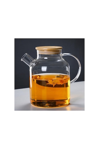 1500 Ml Borosilikat Cam Demlik & Sürahi Bambu Kapaklı Şeffaf