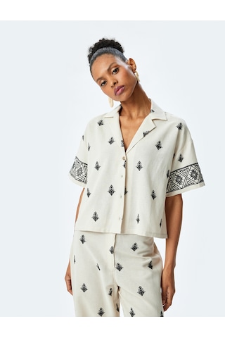 Koton Viskon Etnik Desenli İşlemeli Kısa Kollu Oversize Crop Gömlek Bej 5sak60094pw Ekru
