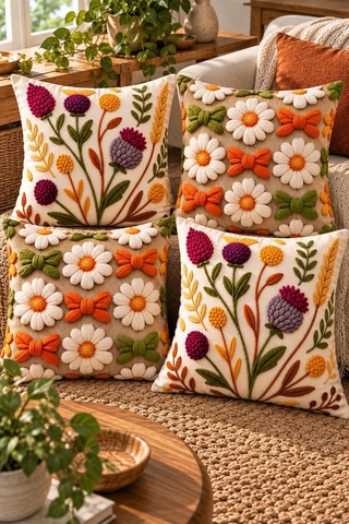 4'lü Set Çiçekli Dekoratif Kırlent Kılıfı 43x43 Cm, 3d Efektli Dijital Baskılı - Renkli Kır Bahçesi Çok Renkli