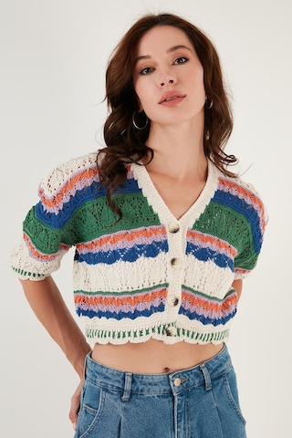 Lela Renkli V Yaka Ajurlu Crop Bayan Hırka 6071583 Ekru-Yeşil