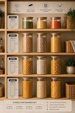 Porsima 12'li Bambu Ahşap Kapaklı Cam Kavanoz Seti 2100 Ml, 1650 Ml, 1300 Ml, 750 Ml Erzak & Baharatlık Bambu - Şeffaf