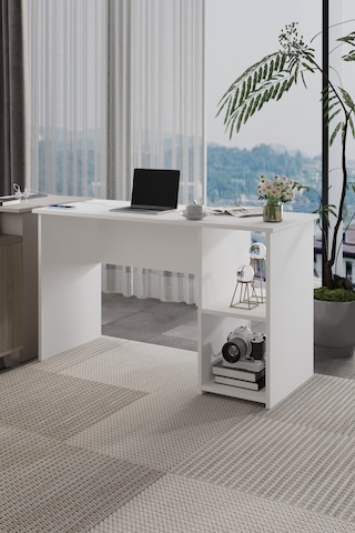 Lina Modern Çalışma Masası 120x60 Cm Raflı Bilgisayar Masası Ofis Ve Ev Çalışma Masası Beyaz