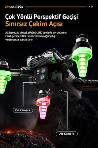C19s Akıllı Drone Göz Alıcı Led Işıklı Yörünge Uçuş Wifi Cam Telefondan Kontrol Elektirikli Kamera 90 Derece Kamera Ayarı Sabit Uçuş