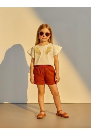 Kız Çocuk Etnik Desenli Nakışlı Tasarım T-shirt-15980 Krem