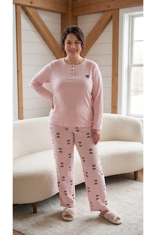 Eyfuze Kadın Kışlık Büyük Beden Desenli Yakası Düğmeli Uzun Kollu Pijama Takımı Siyah - Pembe