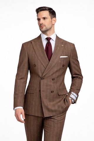 Fabıo Cassel Çizgili Kruvaze Erkek Takım Elbise Slim Fit Kahverengi