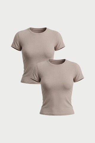 Auw Kadın Bisiklet Yaka Pamuklu Modal T-shirt 2'li - Softfit Taş - Taş