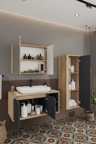 Lale 90 Cm %100 Mdf Lavabolu Banyo Dolabı + Boy Dolabı Antrasit