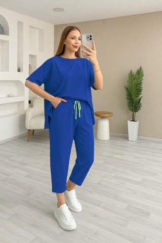 Efnaz Style Kadın Kısa Kollu Bisiklet Yaka Viskon Iki Iplik Bluz Ve Pantolon Ikili Takım Saksmavi