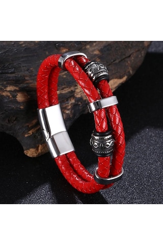 Viking Tarzı İskandinav Runeleri Muska Çift Katmanlı Paslanmaz Çelik Erkek Deri Bileklik İskandinav Mitolojisi Takıları Bb1355 Kırmızı